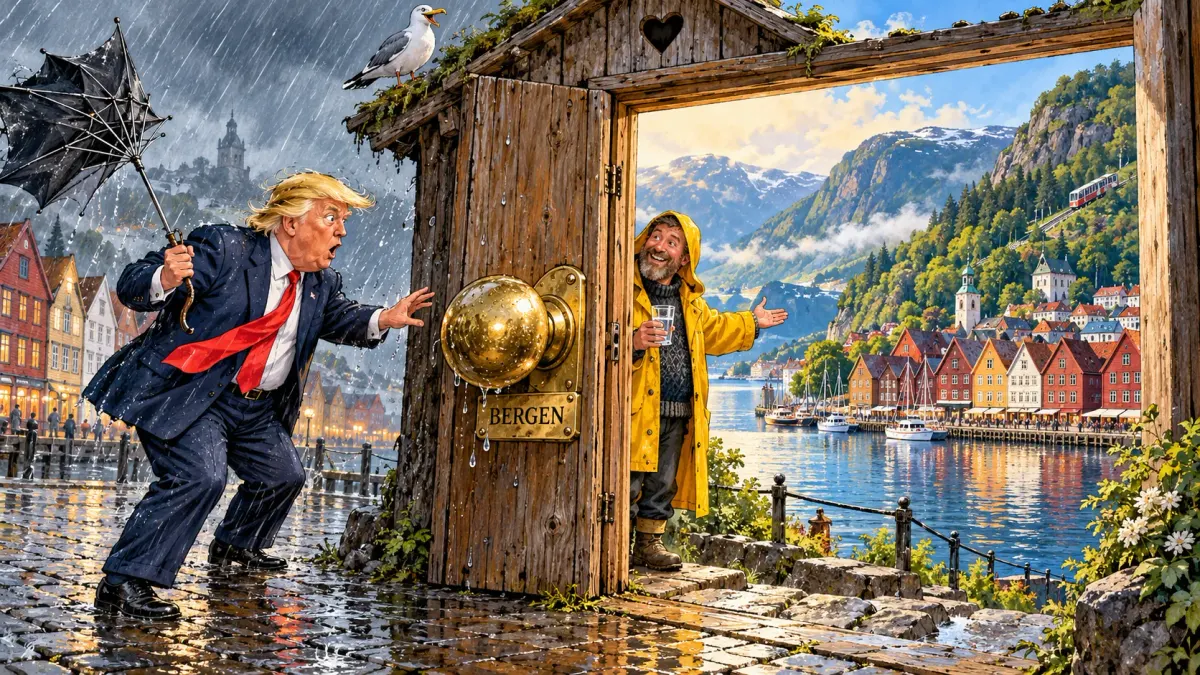 Cartoon of a soaked Donald Trump with an inside-out umbrella reaching for a giant brass door knob marked Bergen on a wooden outhouse door, while a smiling fisherman in a yellow raincoat holds it open onto sunshine, Bryggen, the fjord and the funicular