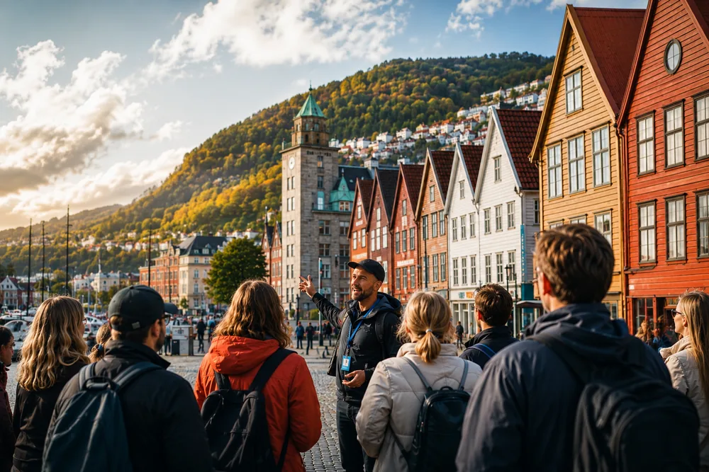 A guide talking to a small group of visitors on Bryggen, with the wooden Hanseatic houses and the mountainside behind them